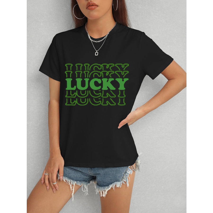 LUCKY Round Neck Short Sleeve T-Shirt Black / S Apparel and Accessories