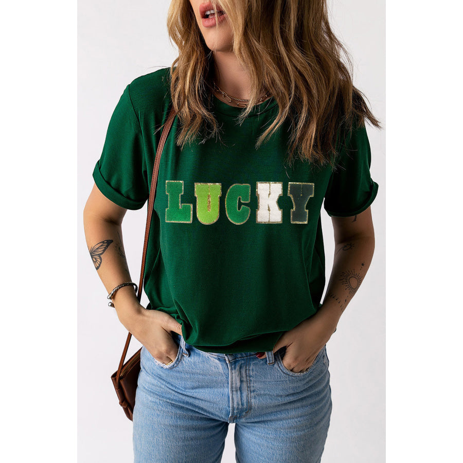 LUCKY Round Neck Short Sleeve T-Shirt Green / S Apparel and Accessories