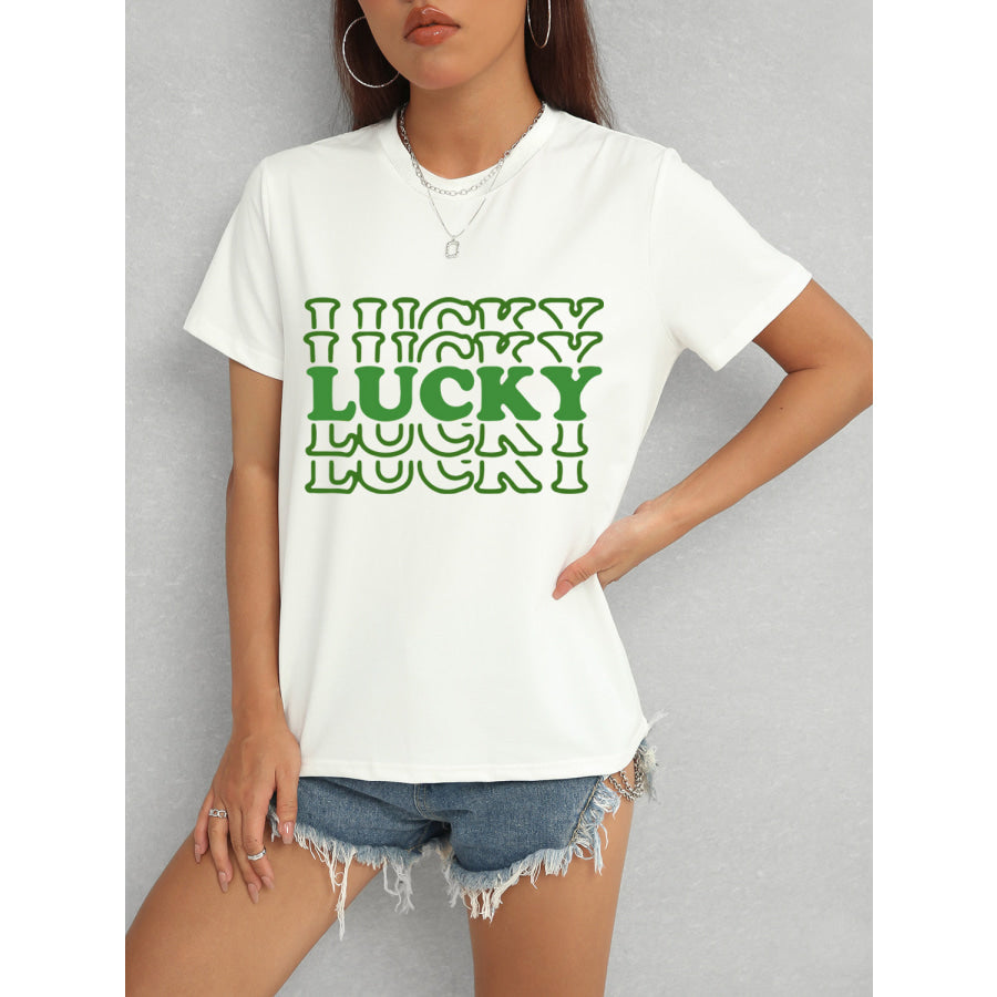 LUCKY Round Neck Short Sleeve T-Shirt White / S Apparel and Accessories