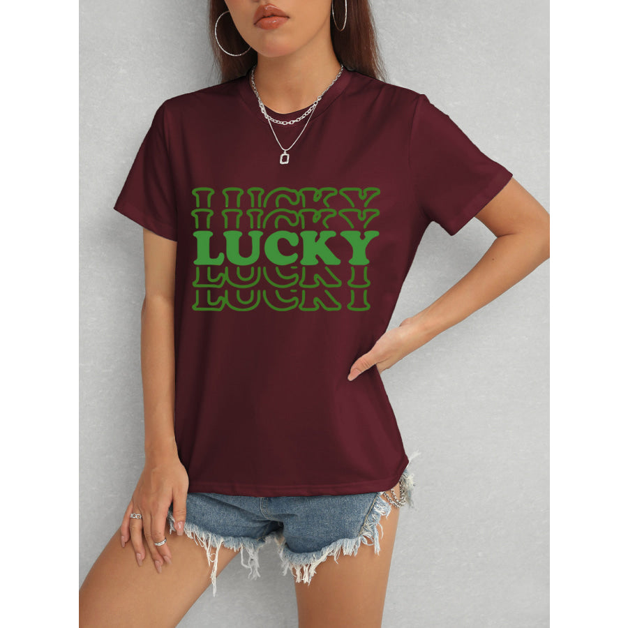 LUCKY Round Neck Short Sleeve T-Shirt Wine / S Apparel and Accessories