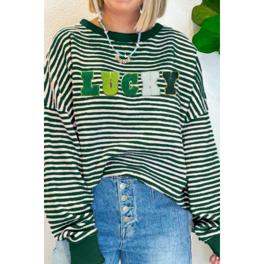 LUCKY Striped Round Neck Long Sleeve Sweatshirt Apparel and Accessories