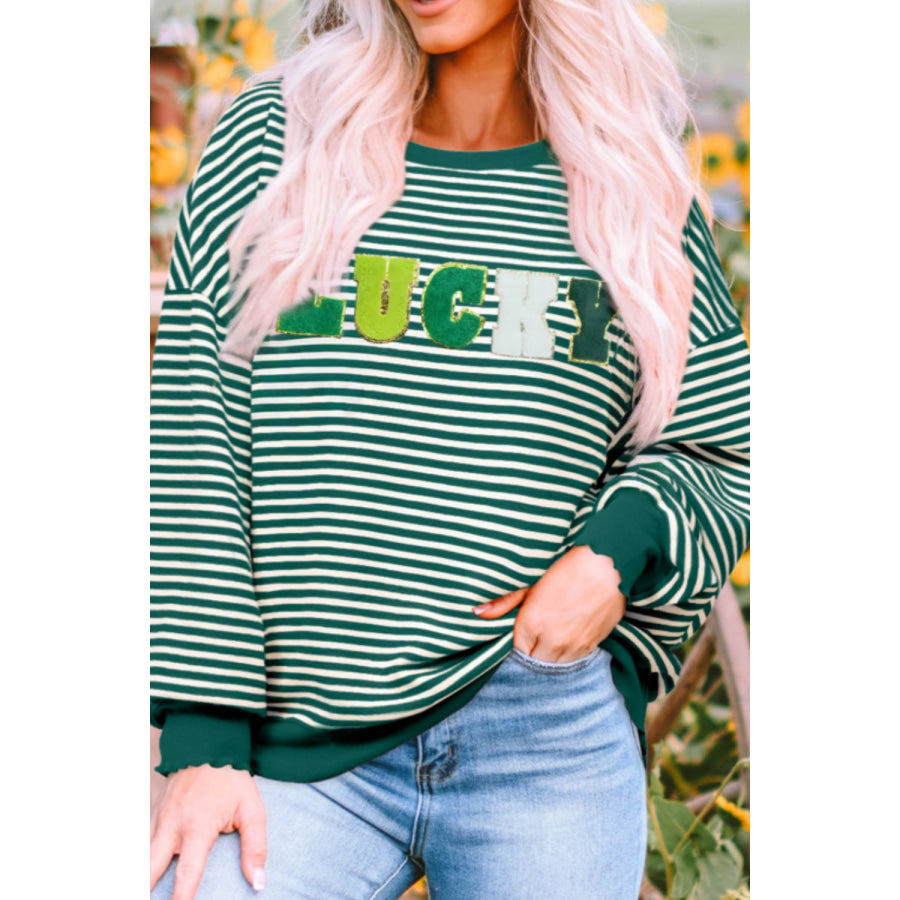 LUCKY Striped Round Neck Long Sleeve Sweatshirt Apparel and Accessories