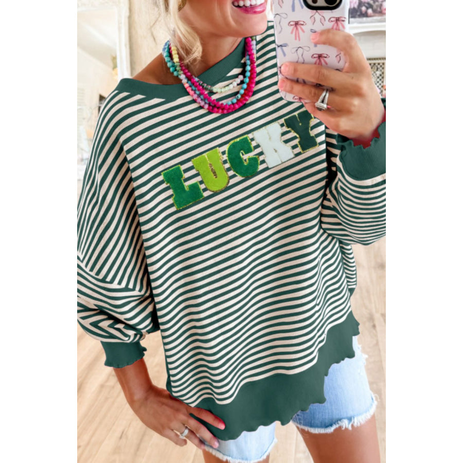 LUCKY Striped Round Neck Long Sleeve Sweatshirt Dark Green / S Apparel and Accessories