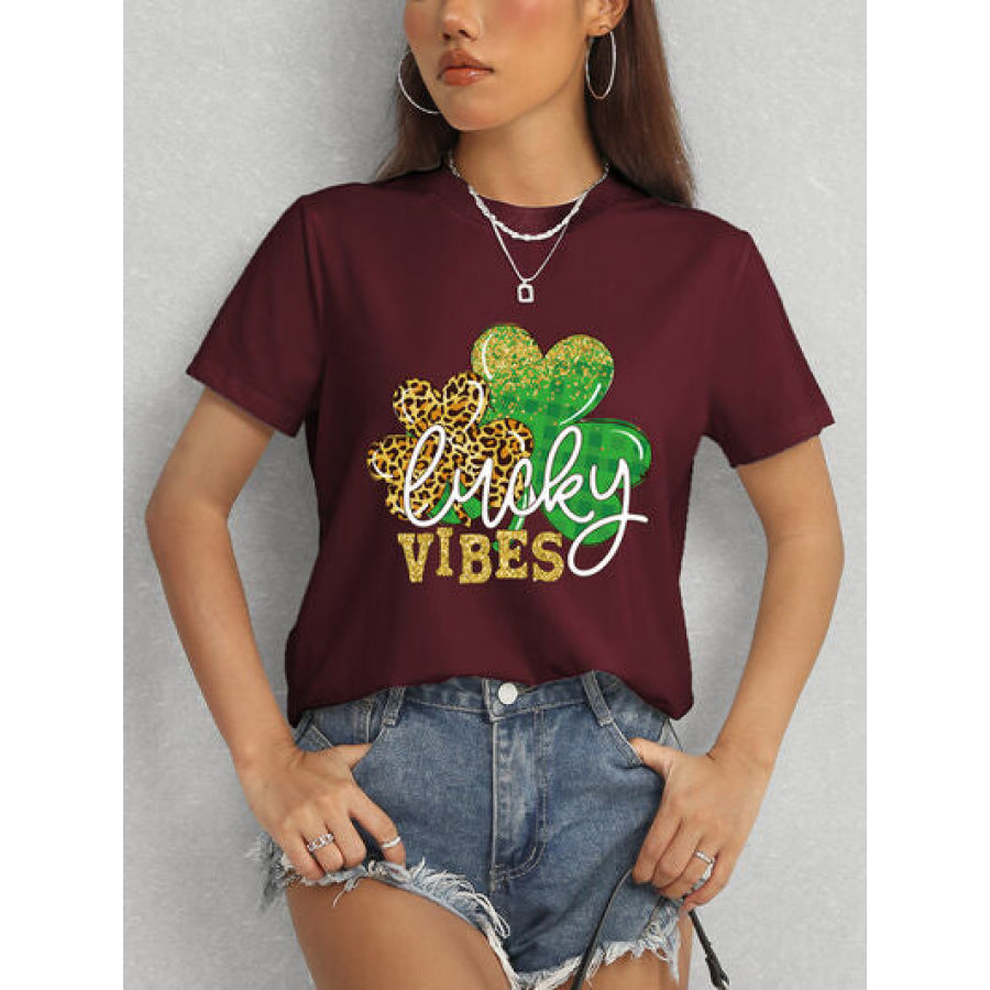 LUCKY VIBES Round Neck Short Sleeve T - Shirt Wine / S Apparel and Accessories