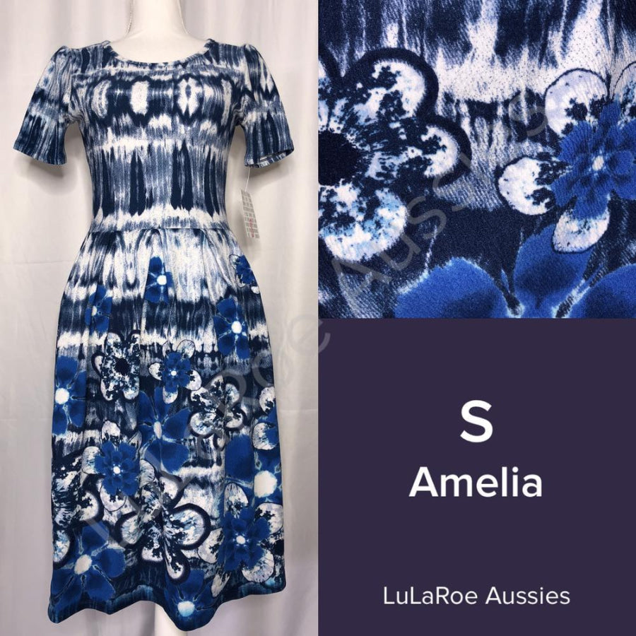 LuLaRoe Amelia S / Navy/Royal/White Tiedye Floral LuLaRoe Amelia