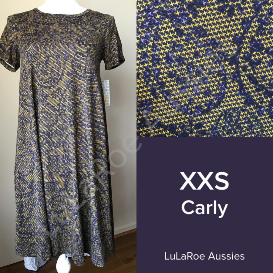 Lularoe Carly Xxs / Navy And Gold Pixelated Paisley Dresses