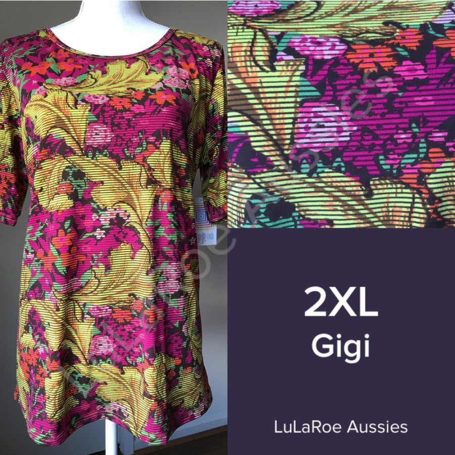 LuLaRoe Gigi 2XL / Brown with yellow/magenta/pink/orange/green striped floral Tops