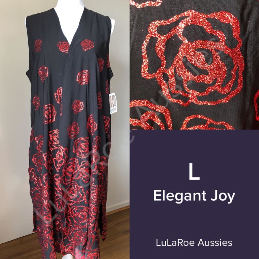 LuLaRoe Joy Vest - Size Large L / Elegant Black with red glitter roses, silky Coverups