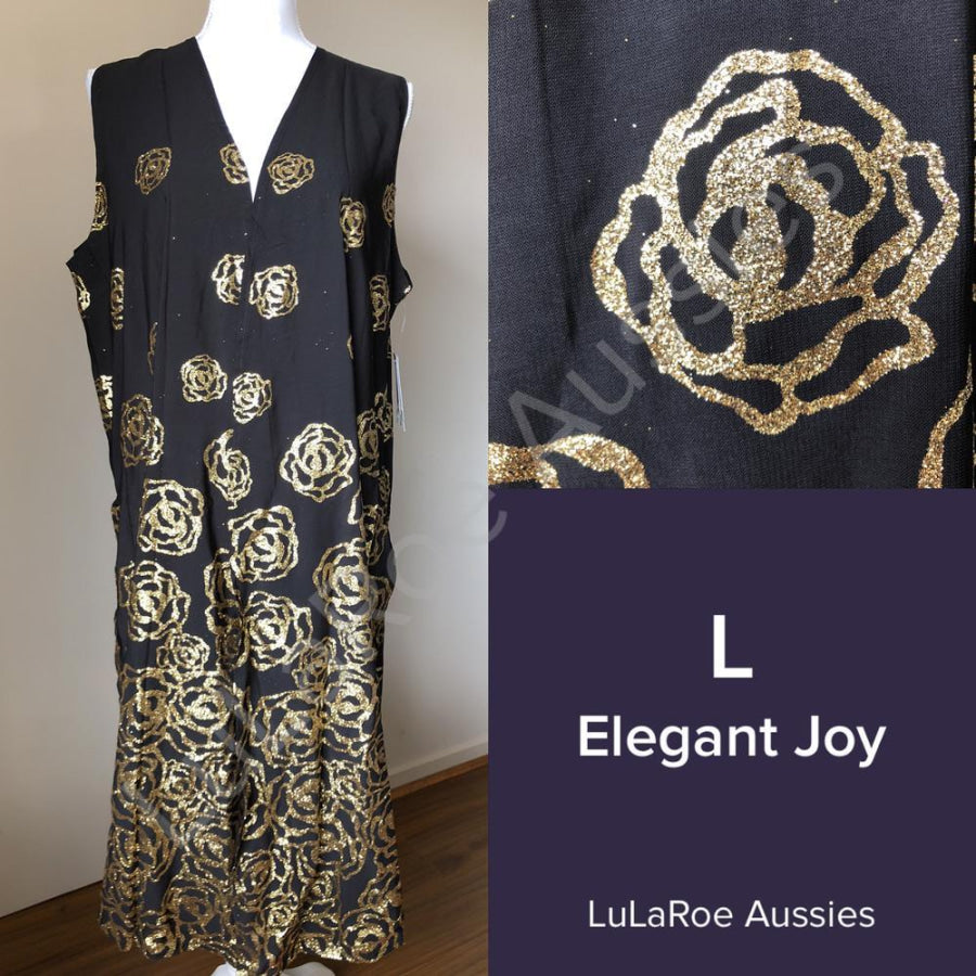 LuLaRoe Joy Vest - Size Large L / Elegant Black with Gold glitter roses, silky Coverups