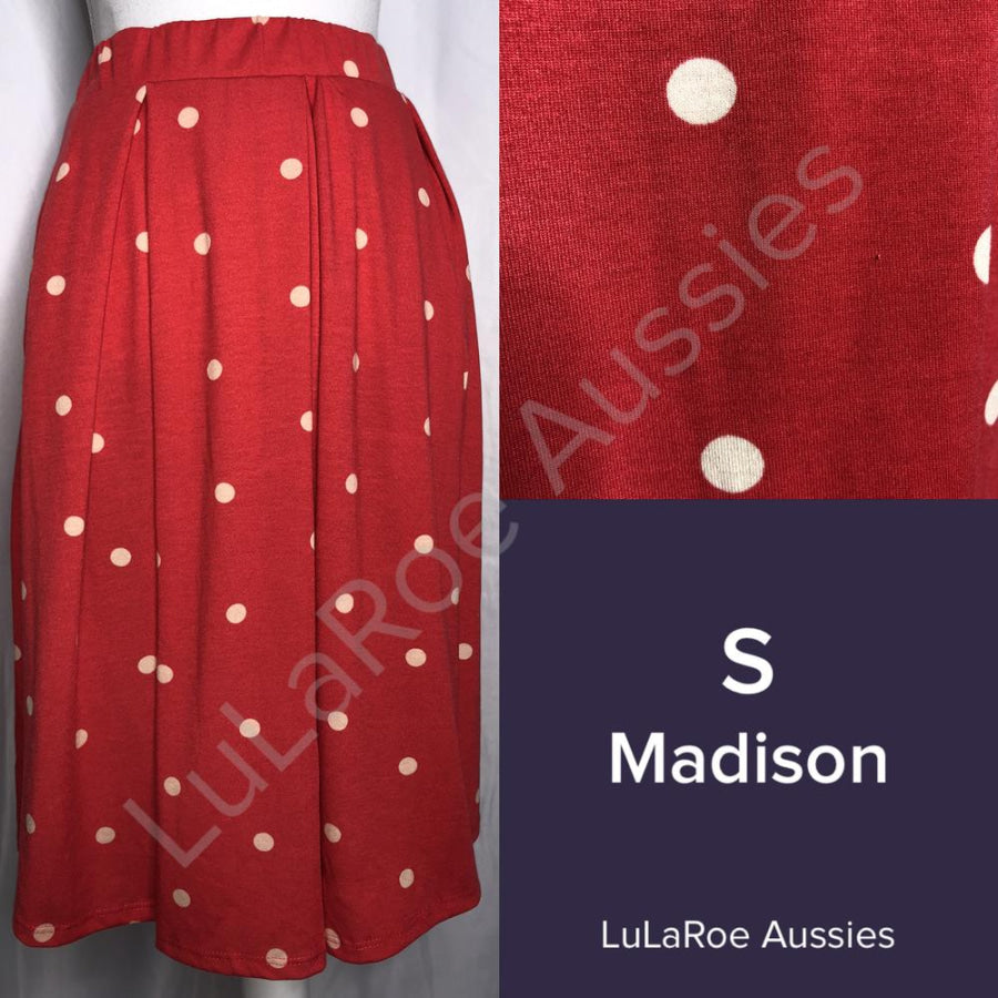 LuLaRoe Madison Skirt with Pockets - Size Small S / Red with cream polka dot Skirts