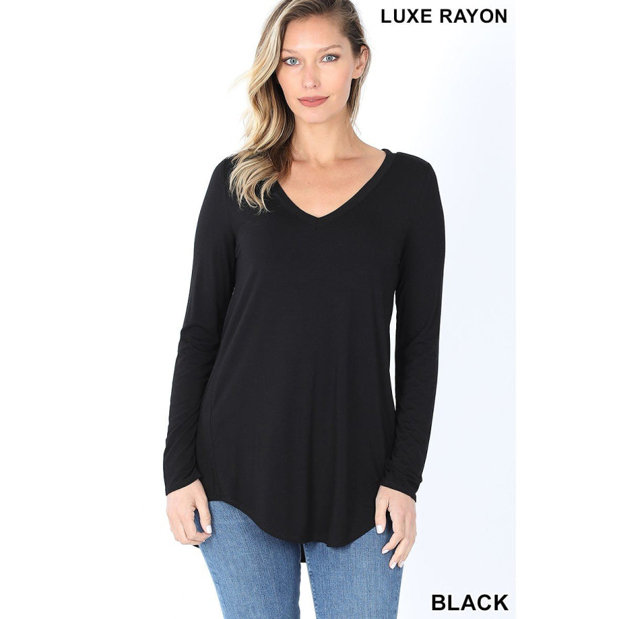 Luxe Long Sleeve V-Neck Hi-Low Hem Top S / Black Tops