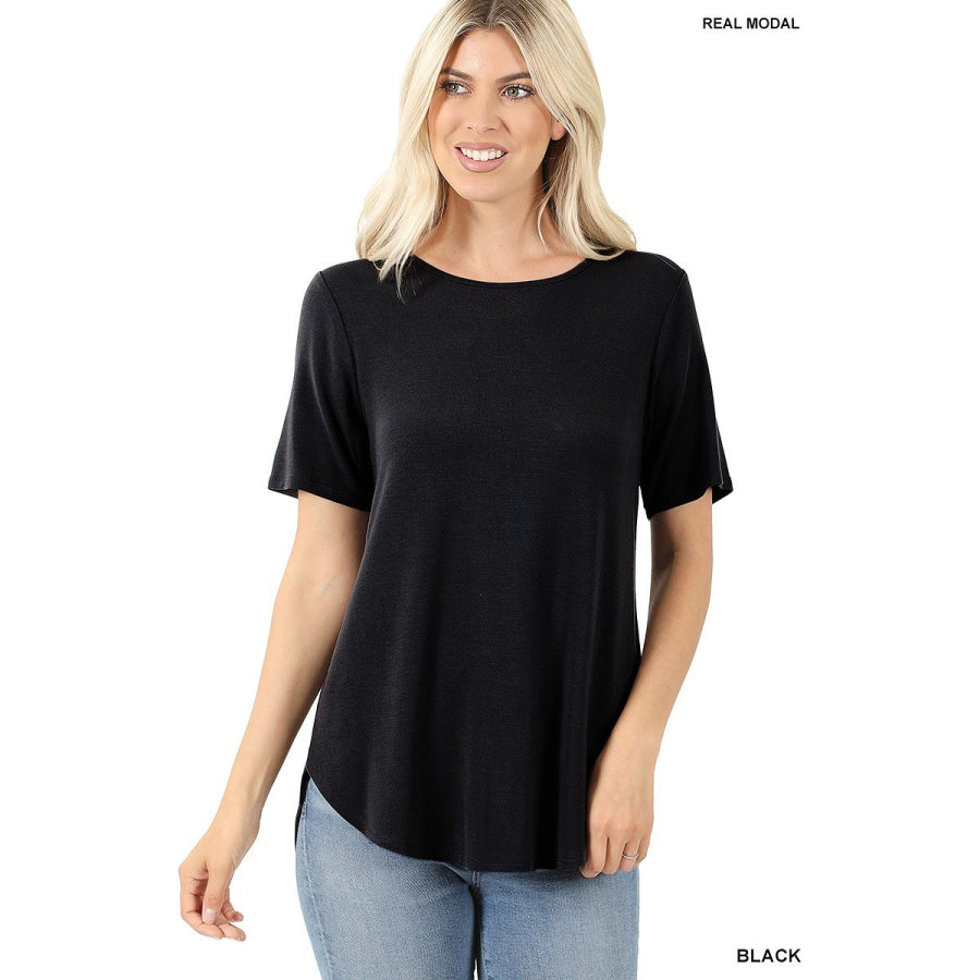 NEW! Luxe Modal Short Sleeve Round Neck Top with High-Low Hem Tops