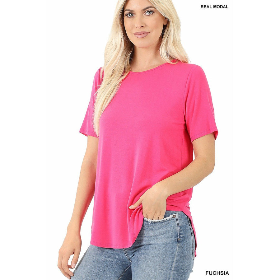 NEW! Luxe Modal Short Sleeve Round Neck Top with High-Low Hem Tops