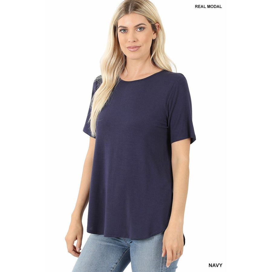 NEW! Luxe Modal Short Sleeve Round Neck Top with High-Low Hem Tops