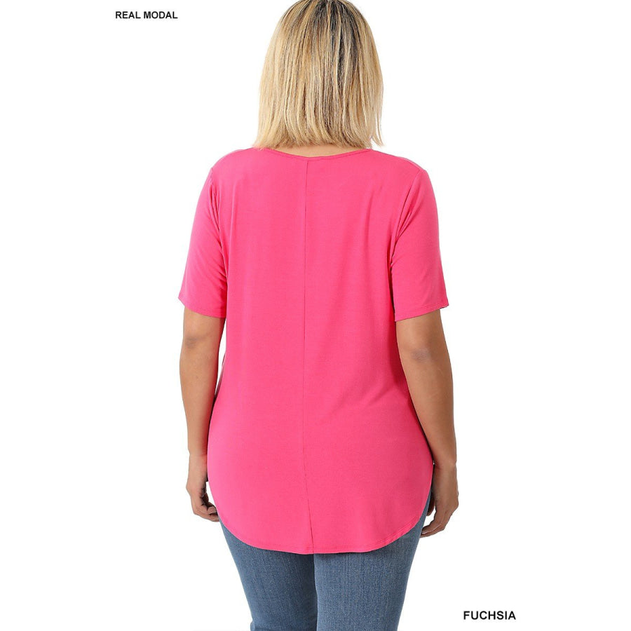 NEW! Luxe Modal Short Sleeve Round Neck Top with High-Low Hem Tops