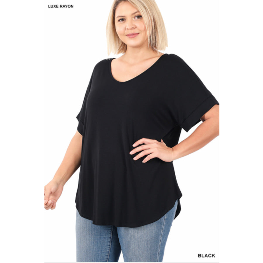 Luxe Rayon Short Cuff Sleeve V-Neck Round Hem Top - Black Tops