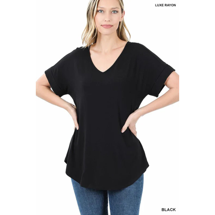 Luxe Rayon Short Cuff Sleeve V-Neck Round Hem Top - Black Tops