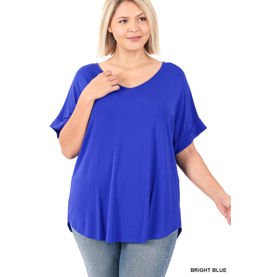 Luxe Rayon Short Cuff Sleeve V-Neck Round Hem Top - Bright Blue Tops