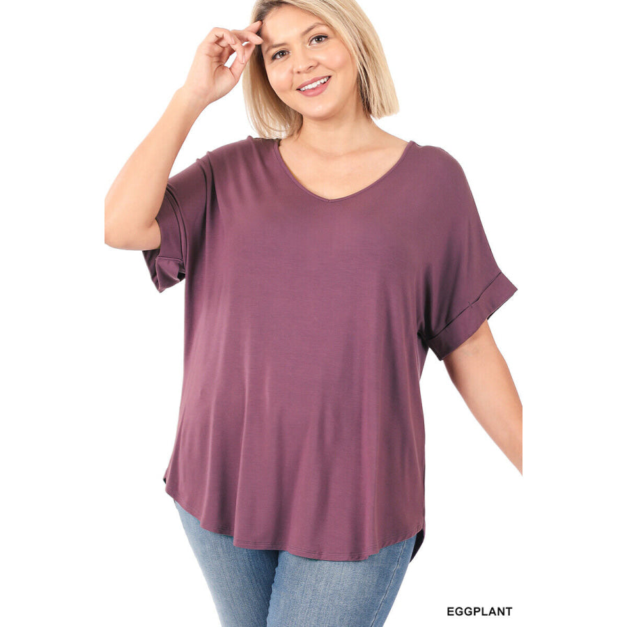 Luxe Rayon Short Cuff Sleeve V-Neck Round Hem Top - Eggplant Tops