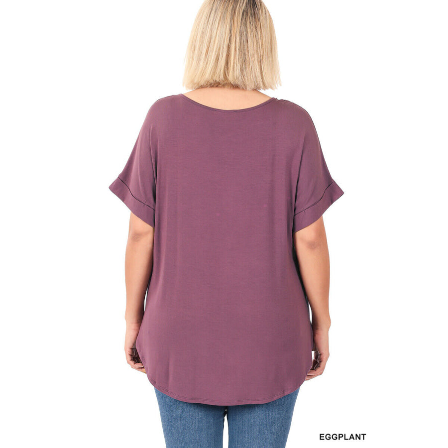 Luxe Rayon Short Cuff Sleeve V-Neck Round Hem Top - Eggplant Tops