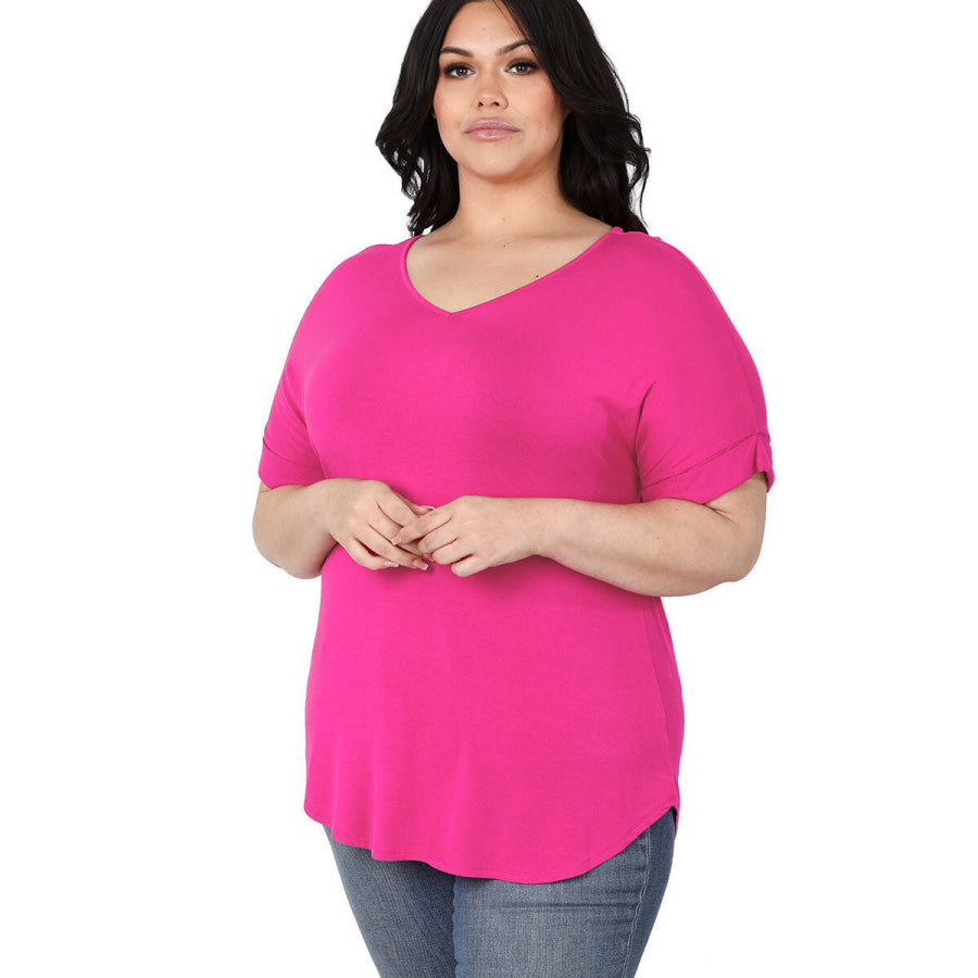 Luxe Rayon Short Cuff Sleeve V-Neck Round Hem Top - Hot Pink Tops