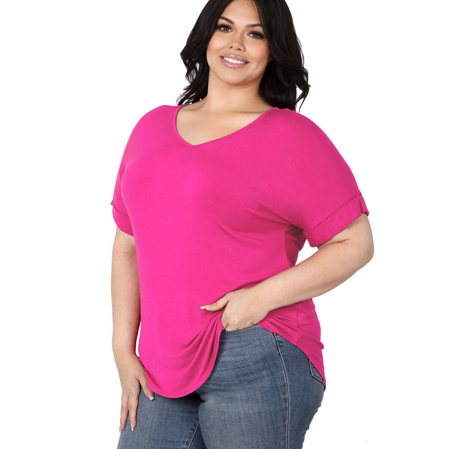 Luxe Rayon Short Cuff Sleeve V-Neck Round Hem Top - Hot Pink Tops