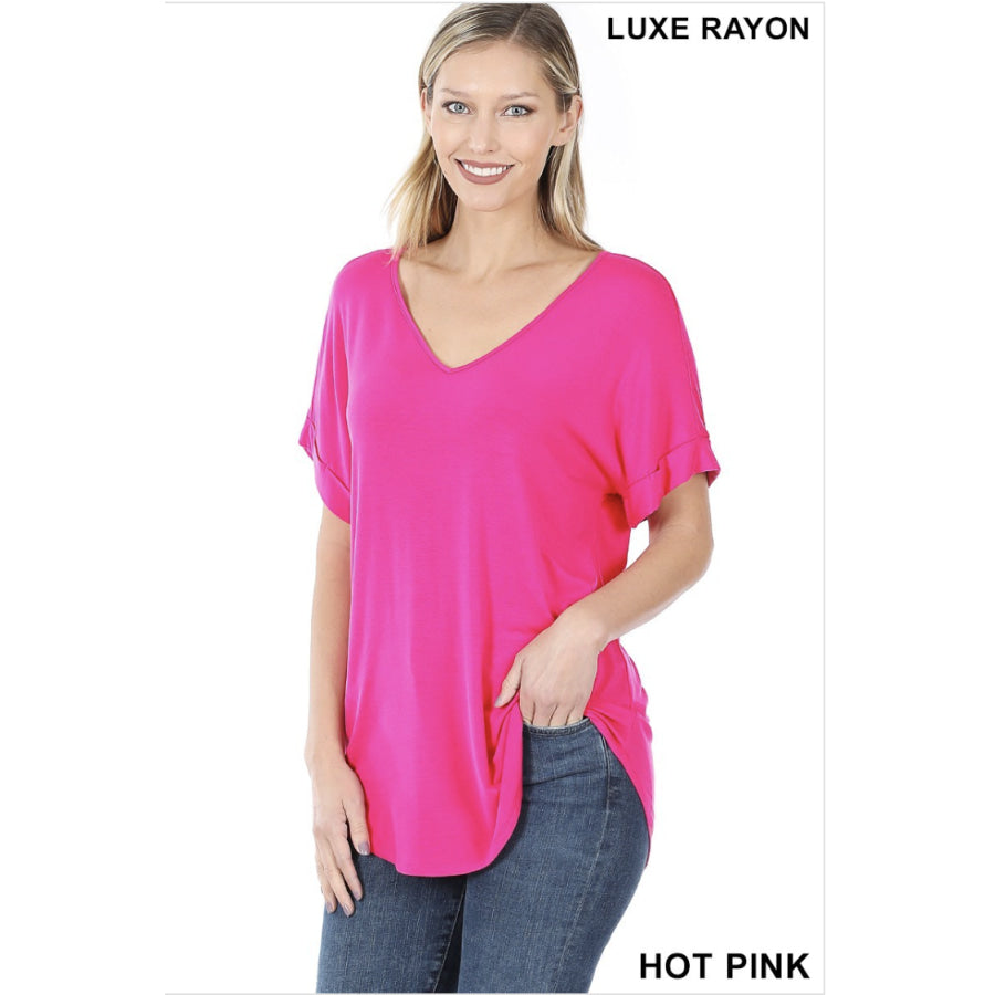 Luxe Rayon Short Cuff Sleeve V-Neck Round Hem Top - Hot Pink Tops