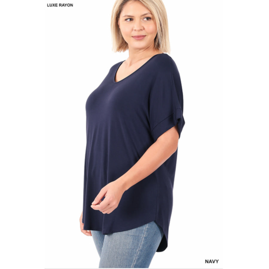 Luxe Rayon Short Cuff Sleeve V-Neck Round Hem Top - Navy Tops