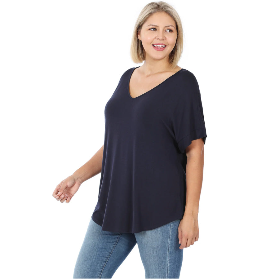 Luxe Rayon Short Cuff Sleeve V-Neck Round Hem Top - Navy Tops