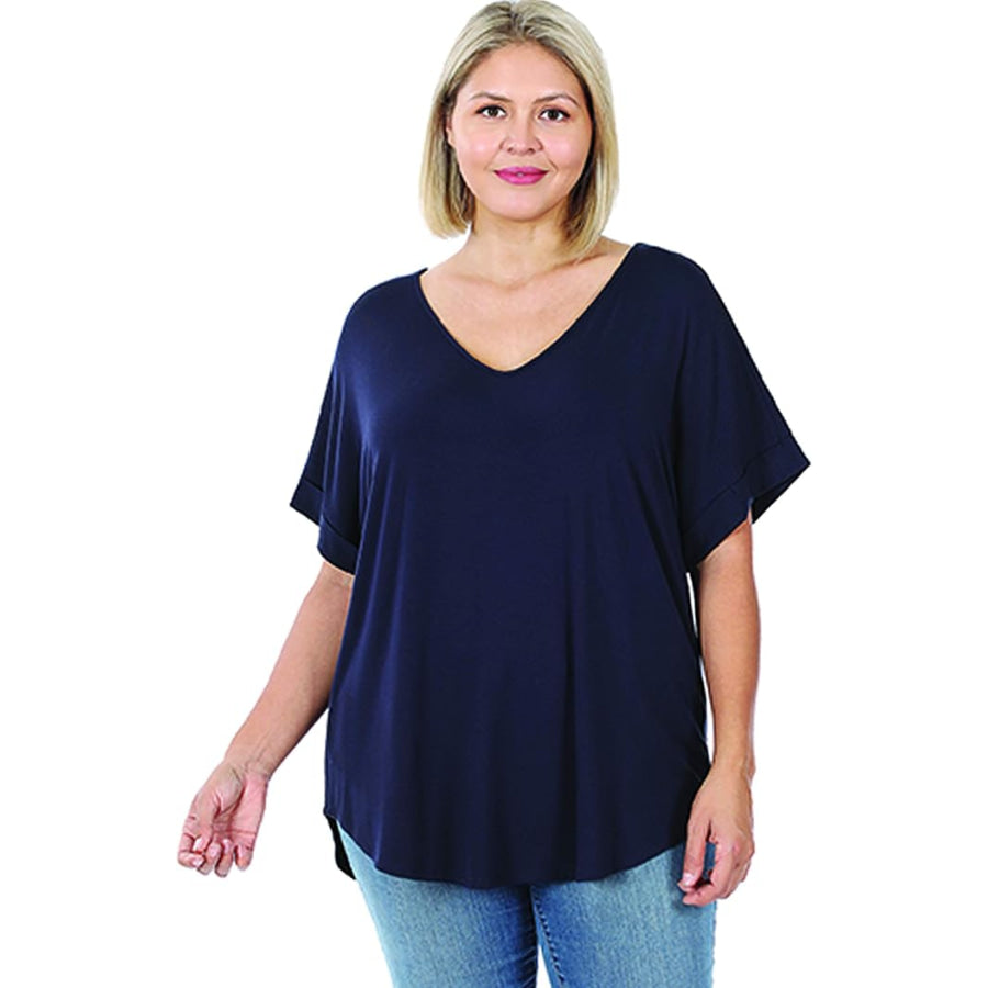 Luxe Rayon Short Cuff Sleeve V-Neck Round Hem Top - Navy Tops