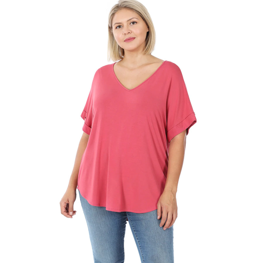 Luxe Rayon Short Cuff Sleeve V-Neck Round Hem Top - Rose Tops