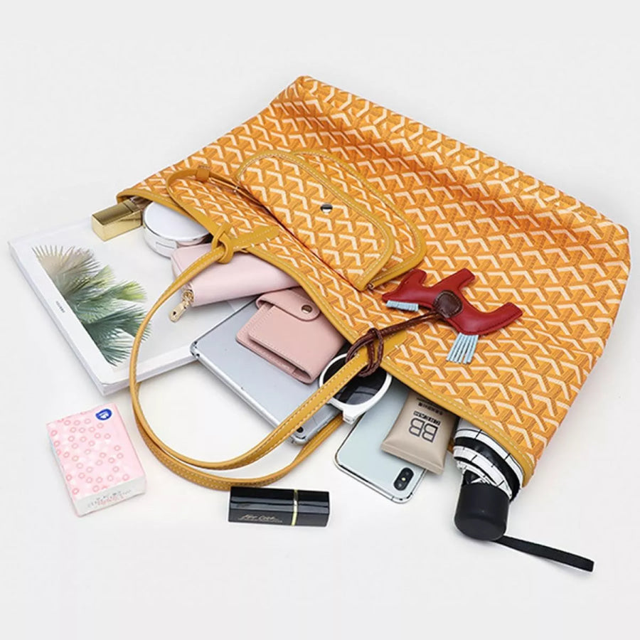 Luxury Geometric Pattern Tote Handbag with Detachable Pouch and Horse Charm Apparel Accessories