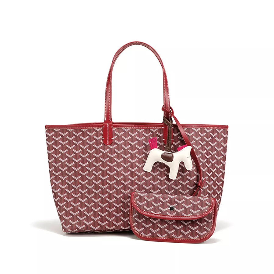 Luxury Geometric Pattern Tote Handbag with Detachable Pouch and Horse Charm Burgundy / onesize Apparel Accessories