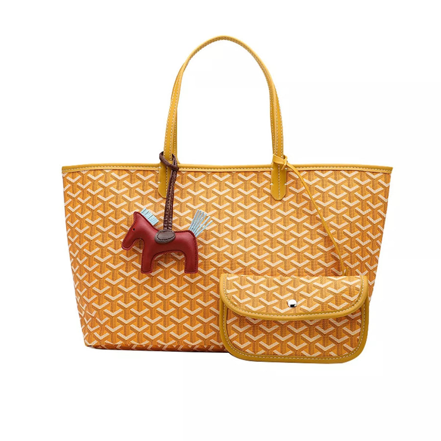 Luxury Geometric Pattern Tote Handbag with Detachable Pouch and Horse Charm Gold / onesize Apparel Accessories
