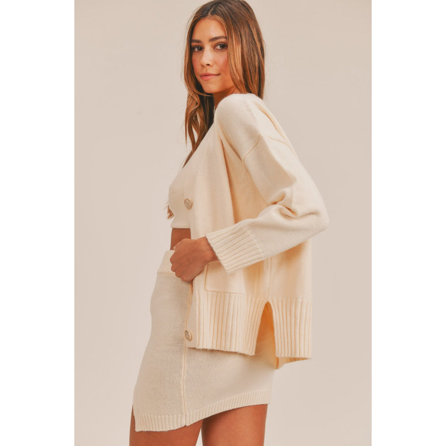 MABLE 3 Pieces Sweater Set with Crop Cami Mini Skirt Cardigan Ivory / S Apparel and Accessories