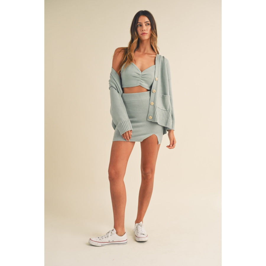 MABLE 3 Pieces Sweater Set with Crop Cami Mini Skirt Cardigan Apparel and Accessories