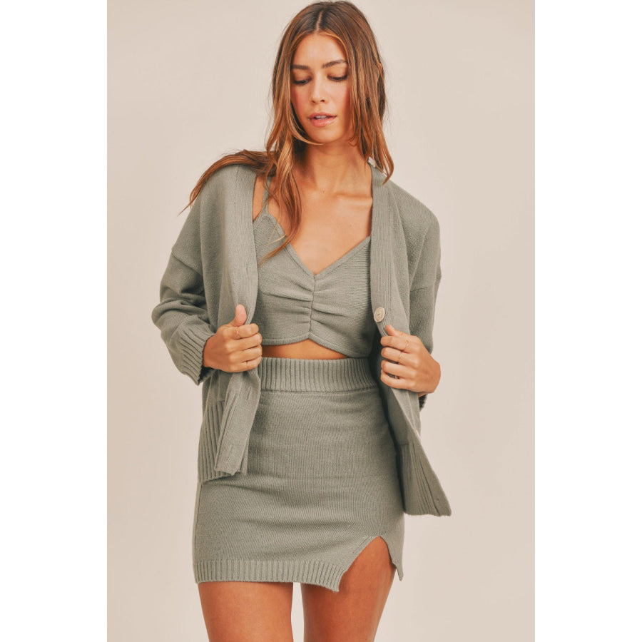 MABLE 3 Pieces Sweater Set with Crop Cami Mini Skirt Cardigan Dusty Olive / S Apparel and Accessories