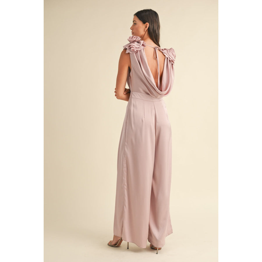 MABLE 3D Floral Applique Deep Cowl Neck Jumpsuit Dusty Mauve / S Apparel and Accessories