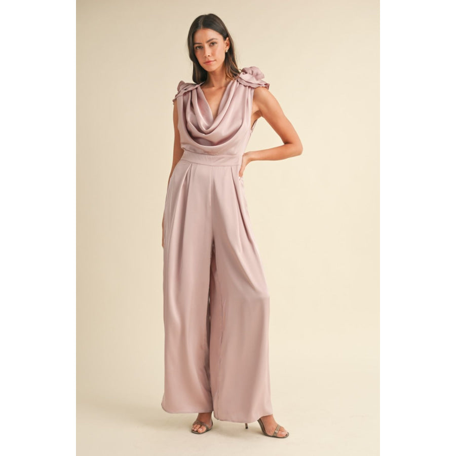 MABLE 3D Floral Applique Deep Cowl Neck Jumpsuit Dusty Mauve / S Apparel and Accessories