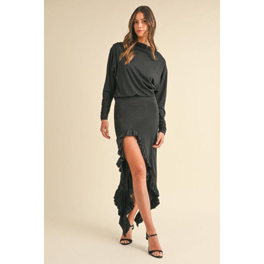 Mable Backless Asymmetric Ruffle Hem Dress Black / S Apparel and Accessories