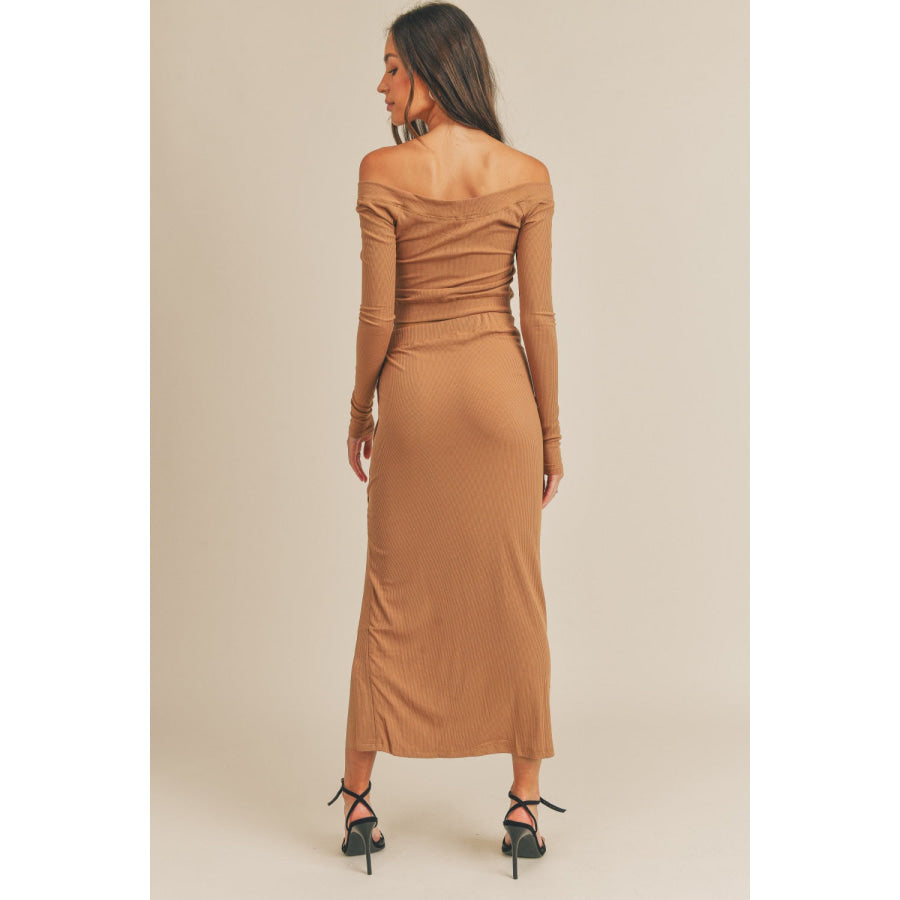 MABLE Button Detail Crop Top and Slit Midi Skirt Set Dusty Brown / S Apparel and Accessories