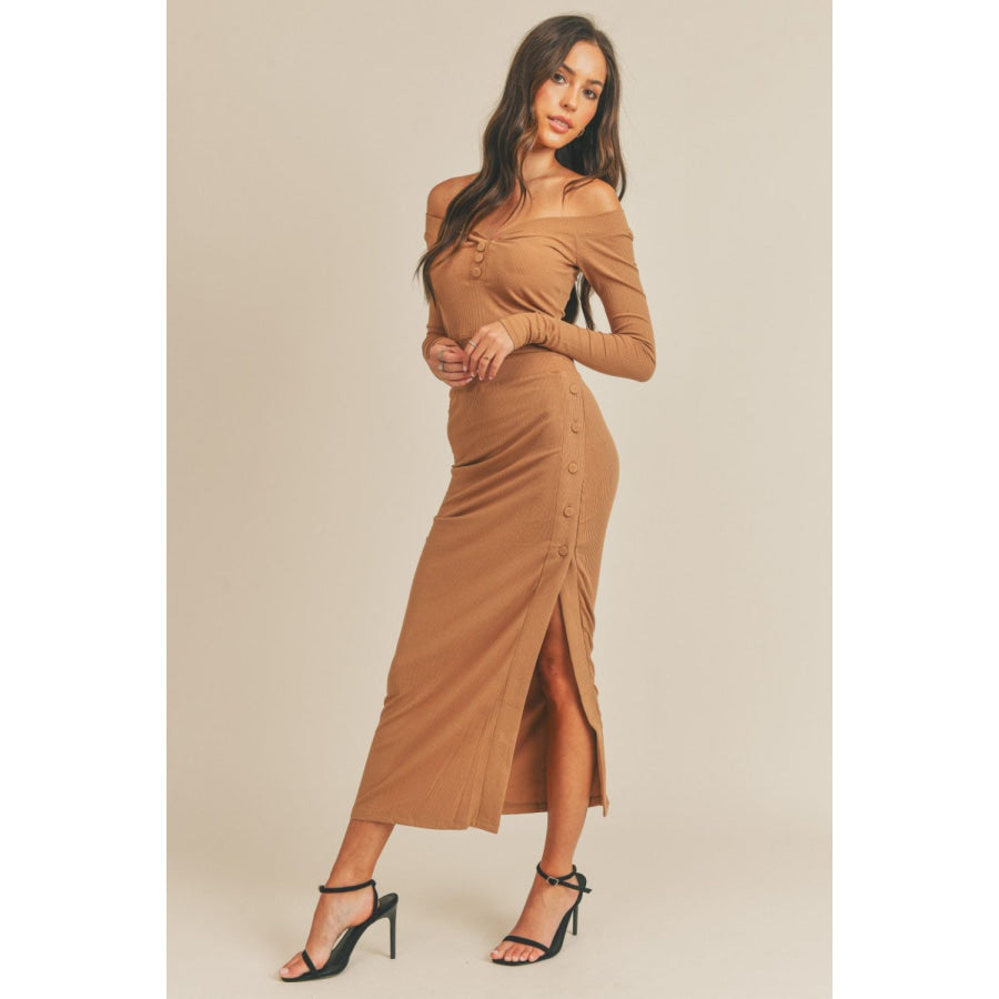 MABLE Button Detail Crop Top and Slit Midi Skirt Set Dusty Brown / S Apparel and Accessories