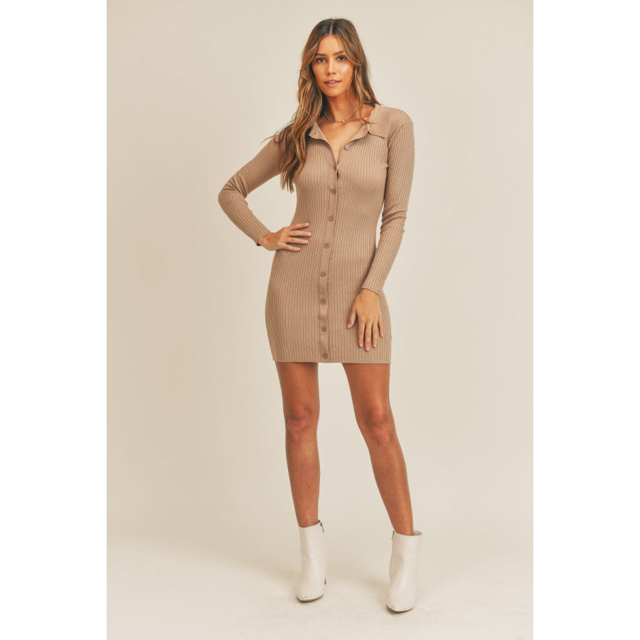 Mable Button Up Ribbed Mini Shirt Dress Apparel and Accessories