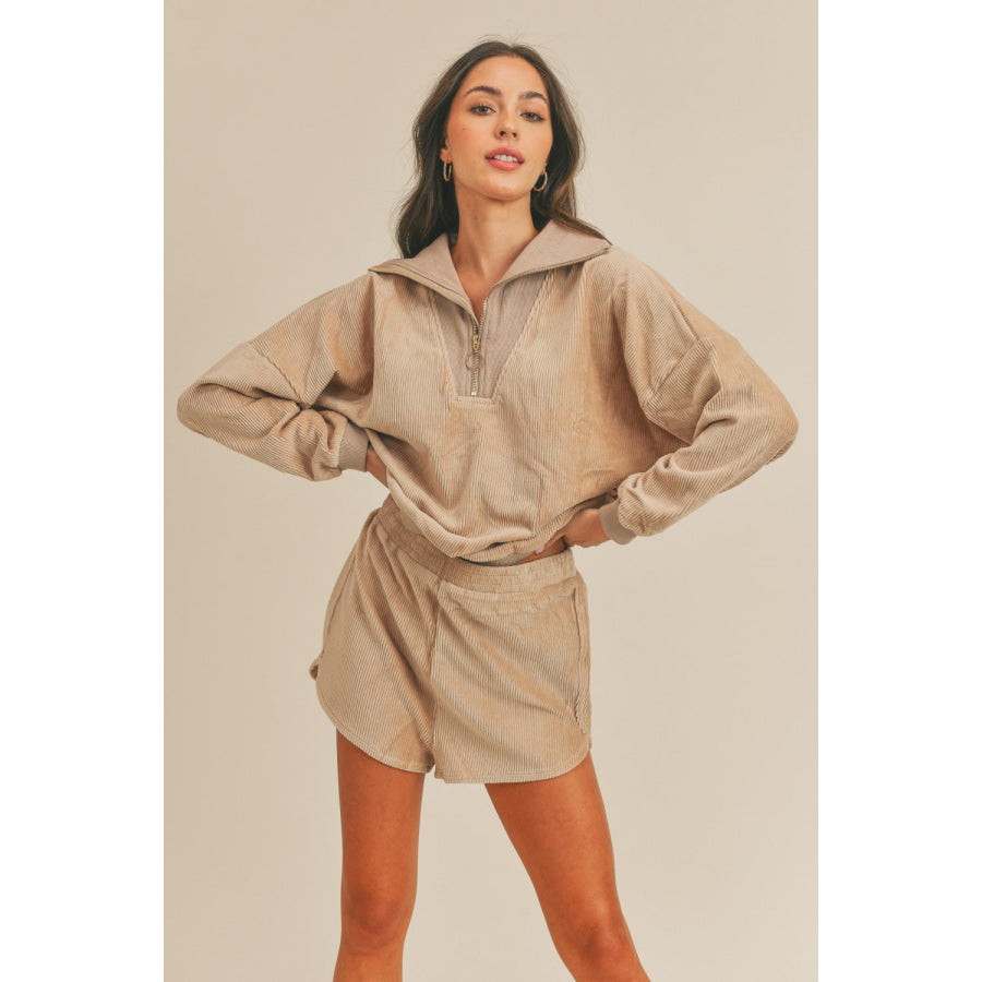 MABLE Corduroy Half Zip Top and Shorts Set Taupe / S Apparel and Accessories