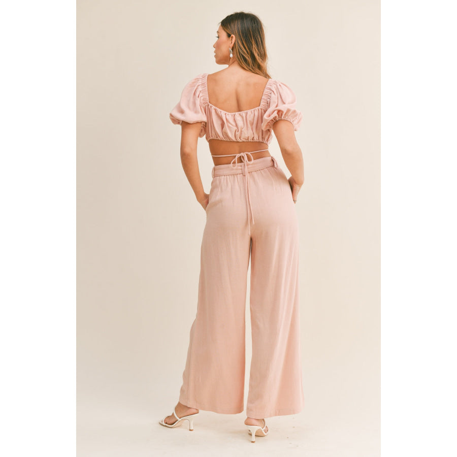 MABLE Cut Out Drawstring Crop Top and Belted Pants Set Dusty Pink / S Apparel and Accessories