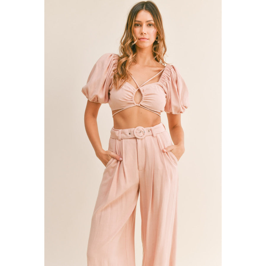 MABLE Cut Out Drawstring Crop Top and Belted Pants Set Apparel and Accessories