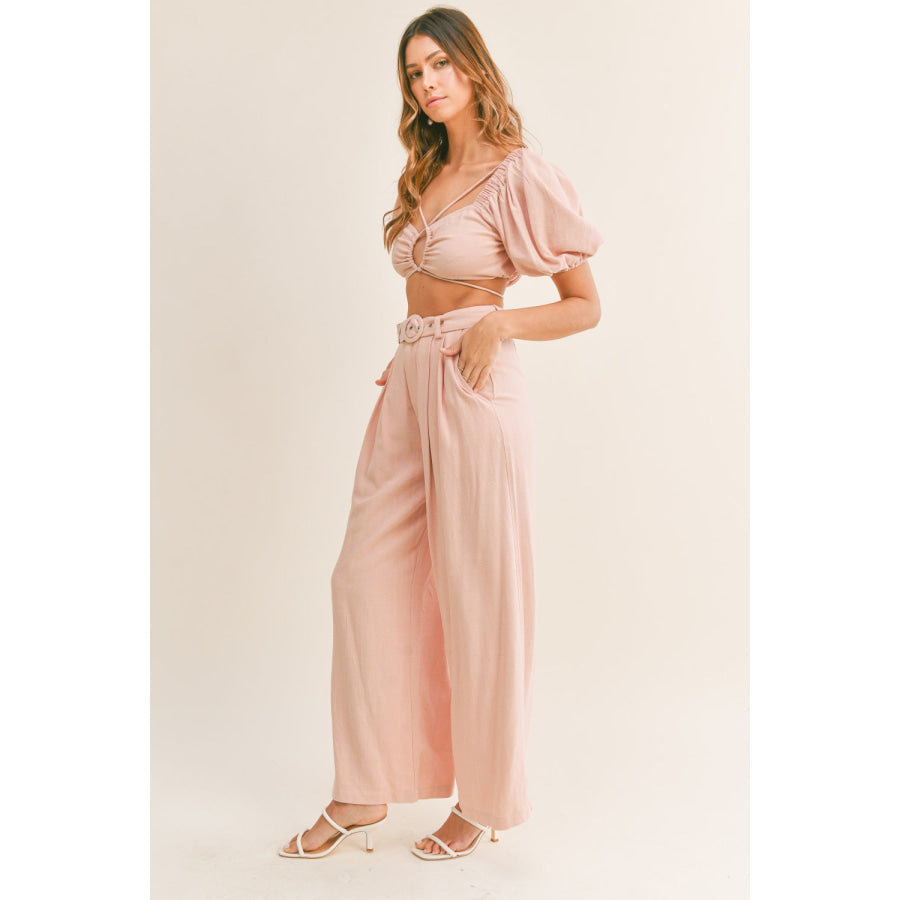 MABLE Cut Out Drawstring Crop Top and Belted Pants Set Dusty Pink / S Apparel and Accessories