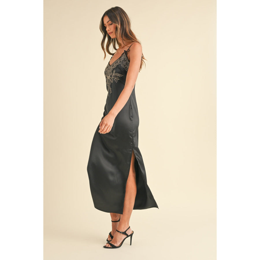 Mable Embroidered Cami Satin Midi Slit Dress Apparel and Accessories