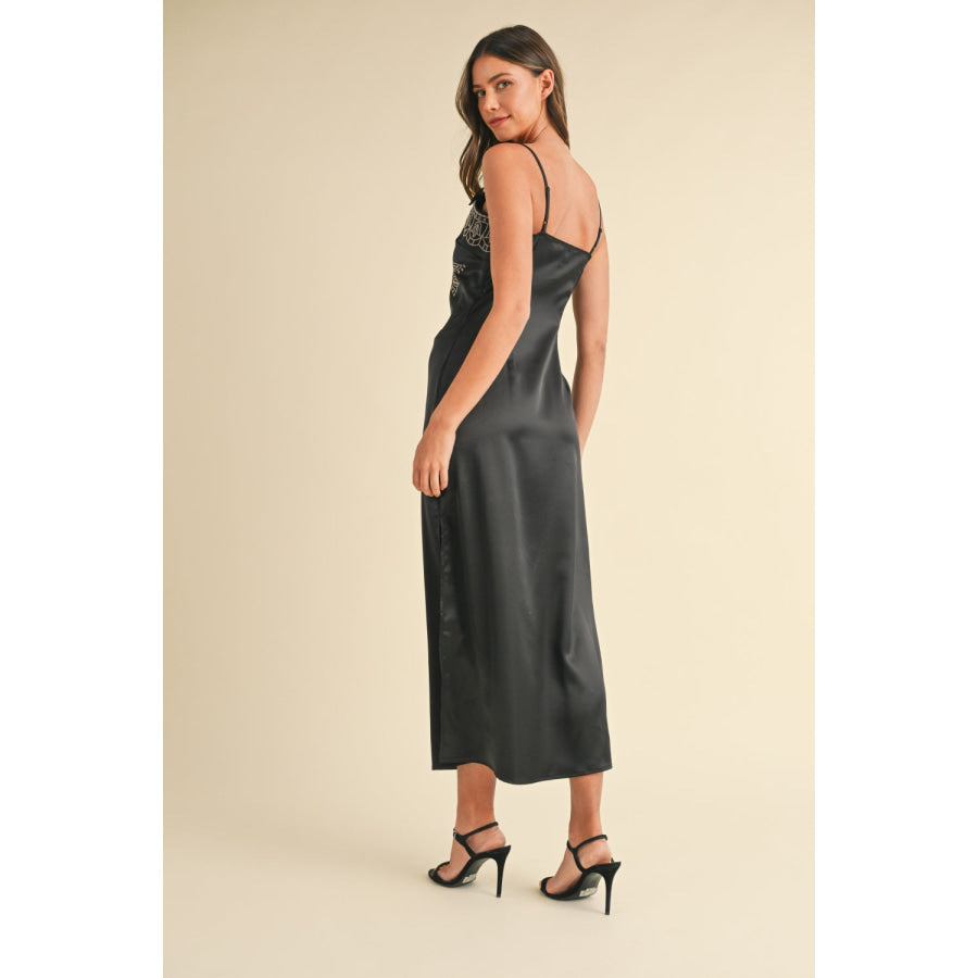 Mable Embroidered Cami Satin Midi Slit Dress Apparel and Accessories