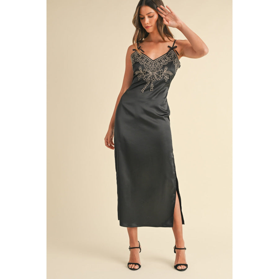 Mable Embroidered Cami Satin Midi Slit Dress Apparel and Accessories